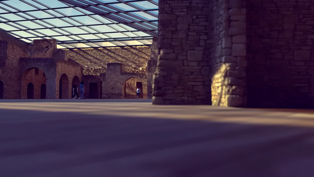 Modern Museum Interior with Ancient Stone Walls and Glass Roof