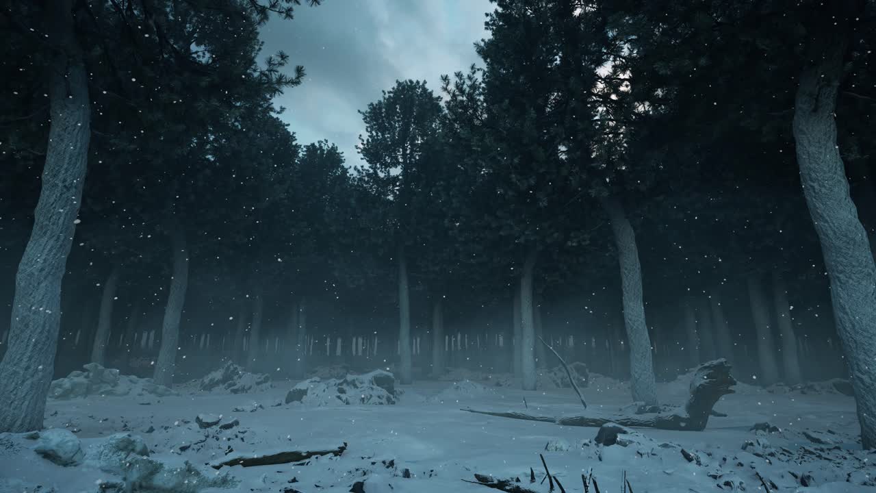 a dark, eerie pine forest in the winter time, with mist, snow falling and covering the ground, and cloudy sky, 3D animation, animated scenery, camera zoom in