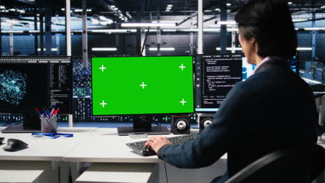 data center admin typing on isolated screen pc keyboard, using ai