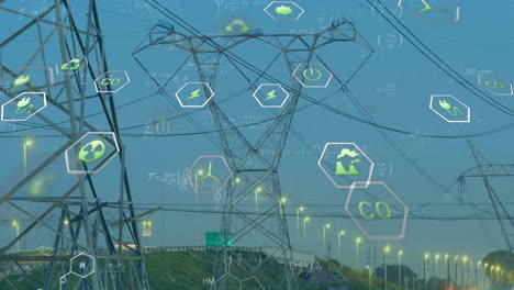 animation of digital data processing and eco icons over electricity pylons