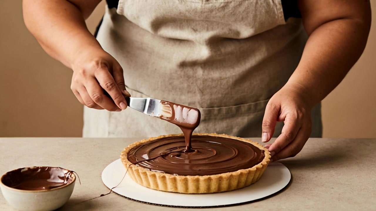 Lifting spatula dripping ganache from bowl baker in apron smoothing on tart at counter making gloss