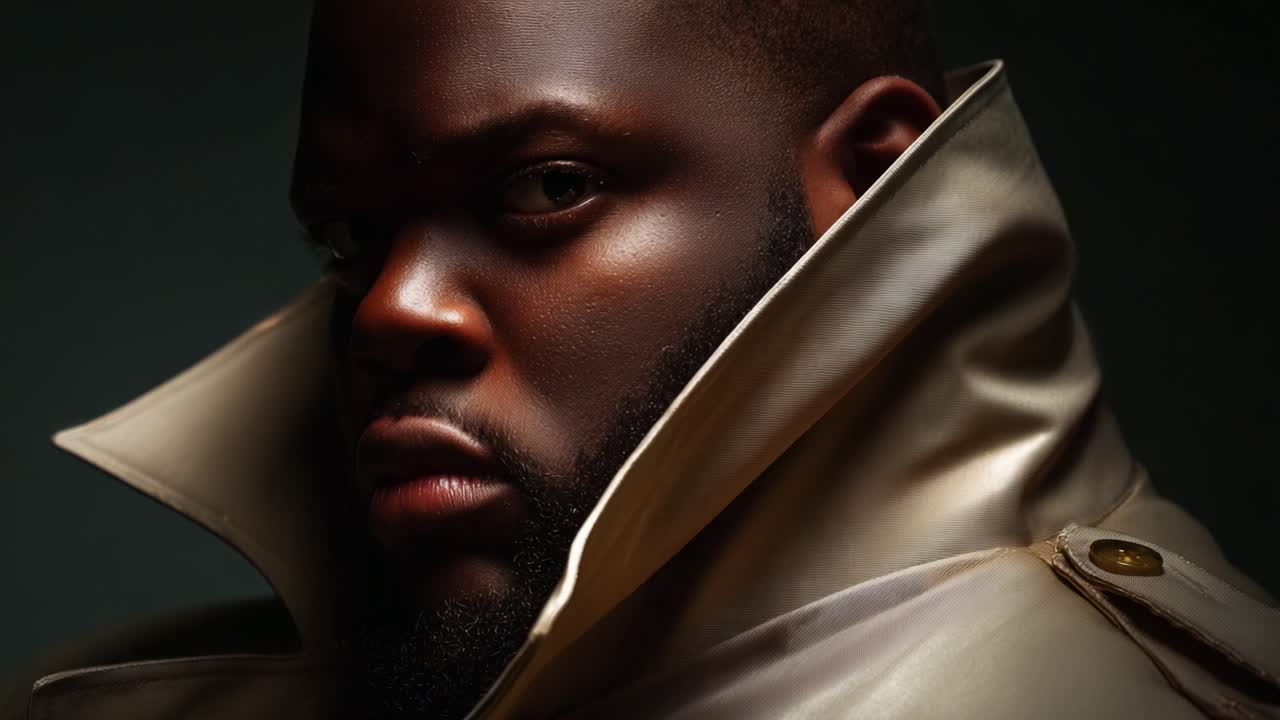 Intense Portrait of a Confident Individual in Stylish Outerwear, Capturing a Moment of Resistance and Resilience with a Focus on Bold Facial Features and Striking Expression