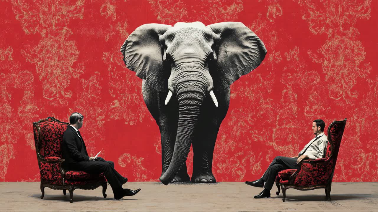 Two Men in Conversation Facing a Large Elephant