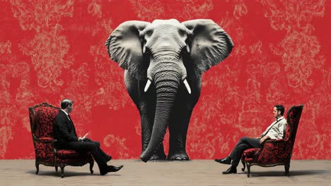 two men in conversation facing a large elephant