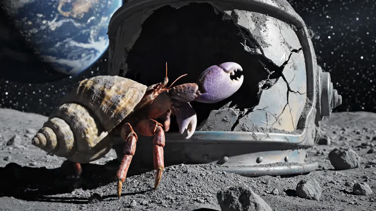 Hermit Crab Walks on Moon Surface and Enters Broken Astronaut Helmet