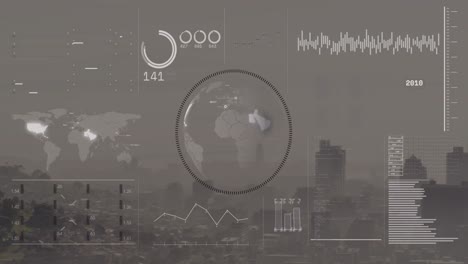 Animation-of-interface-with-data-processing-over-spinning-globe-against-aerial-view-of-cityscape