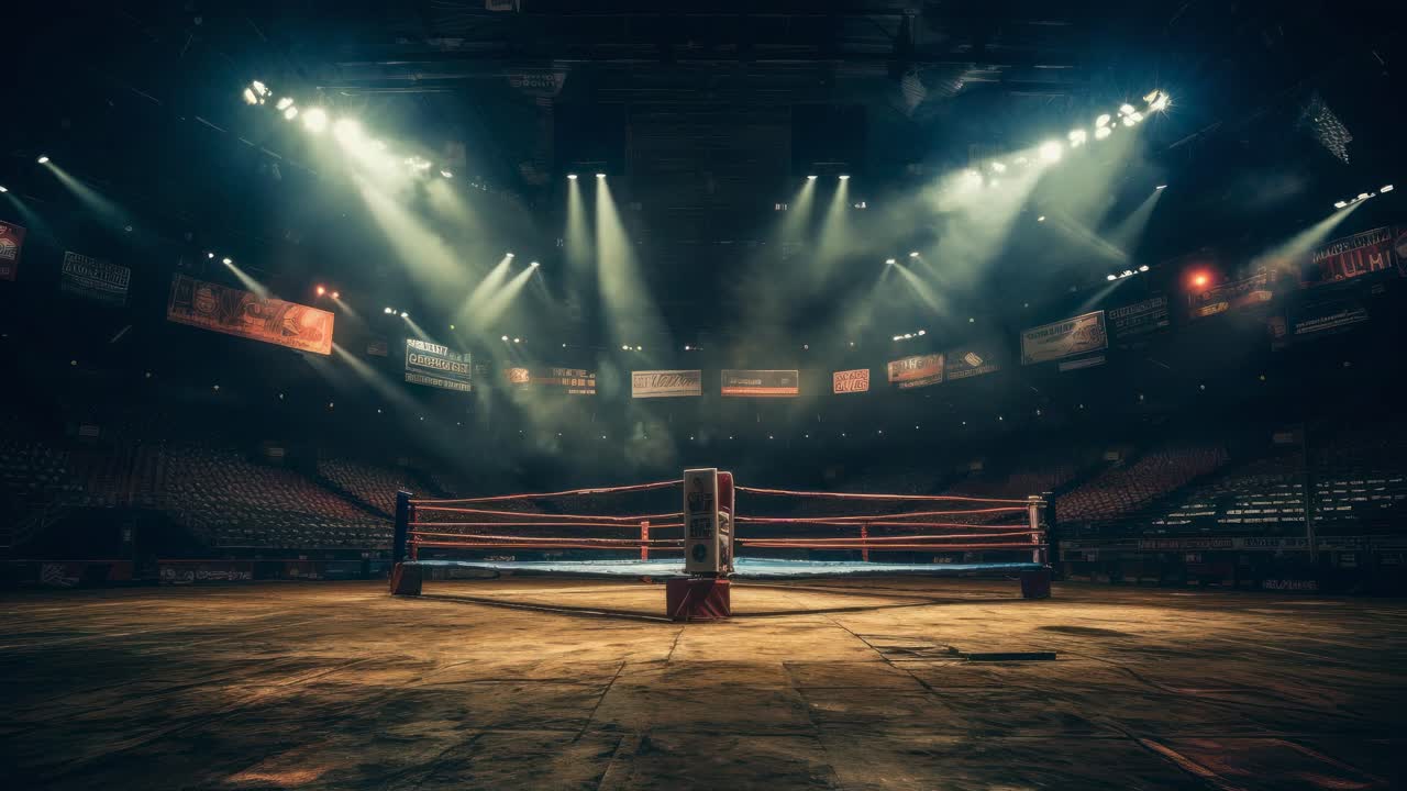 Dramatic video of an empty boxing ring under spotlights, captured from a low angle
