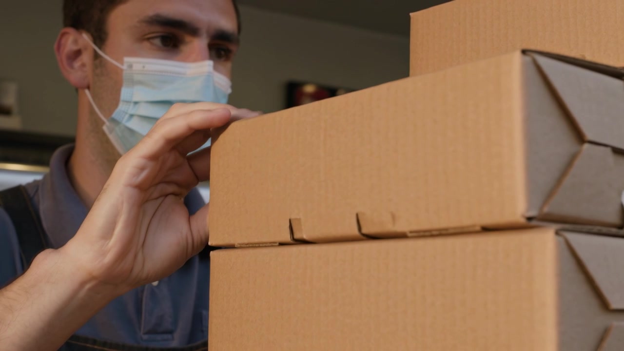 Trabajador enmascarado con delantal de mezclilla alineando y tirando de la tapa de una caja de pizza en el mostrador después de que llegan los pedidos completados