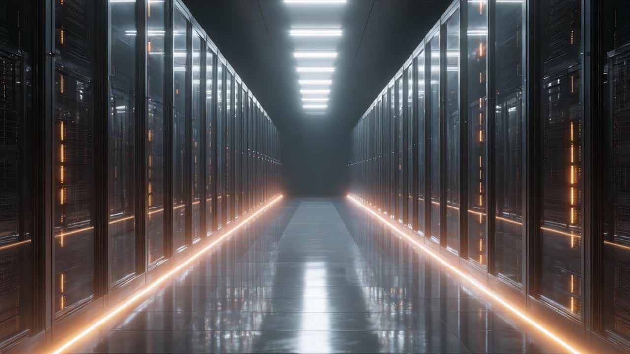 A Futuristic Data Center Corridor Illuminated by Striking LED Lights, Showcasing Rows of High-Tech Server Racks in a Sleek and Modern Environment