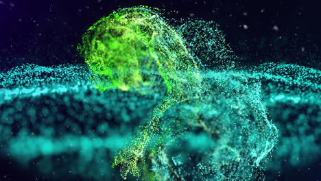 animation of green and blue particles over glowing dot landscape moving on black background