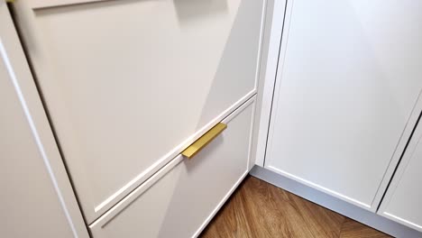 cajones grises con manijas de oro en una cocina moderna