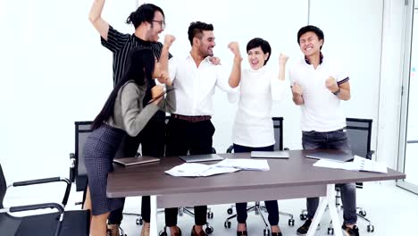 team celebrate together when their success for marketing plan. people with business success concept.