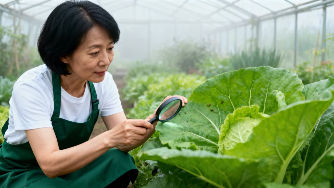 温室で、緑のエプロンを着た庭師がルーペを使ってキャベツを検査し、害虫を調べている様子。