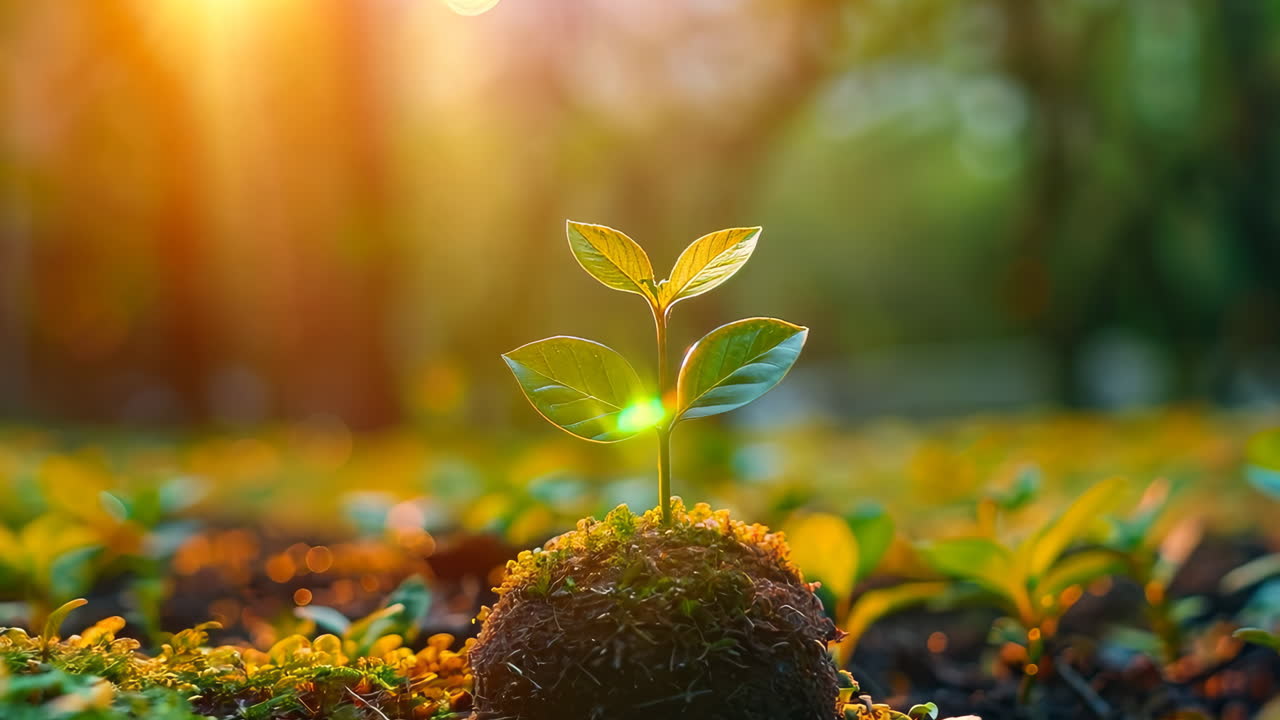 New Plant Sprouting in Sunlit Garden During Golden Hour. A healthy green plant emerges from the soil as sunlight bathes the garden in warm hues.
