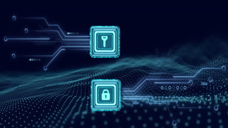 animazione dell'elaborazione dei dati con chiave di sicurezza online sulla scheda di circuito del computer