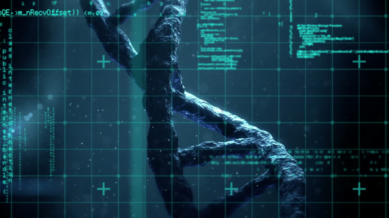 animación del procesamiento de datos sobre el hilado de cadenas de adn en 3d