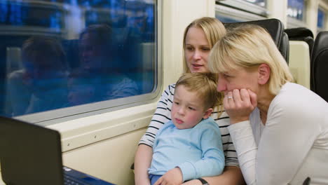 family with child in the train watching video on laptop