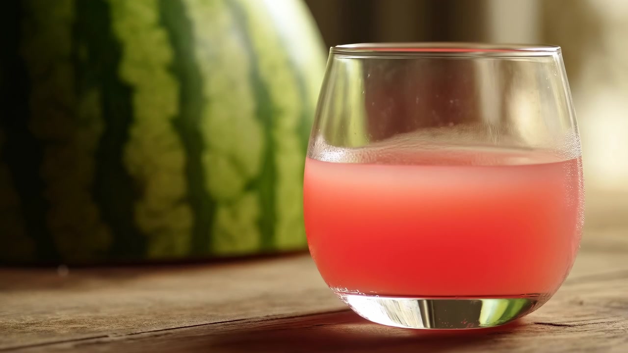 Una sequenza iniziale-intermedia mostra un'anguria sulla sinistra e un bicchiere di bevanda rosa in primo piano su un tavolo di legno invecchiato, illuminato da una luce calda e soffusa.