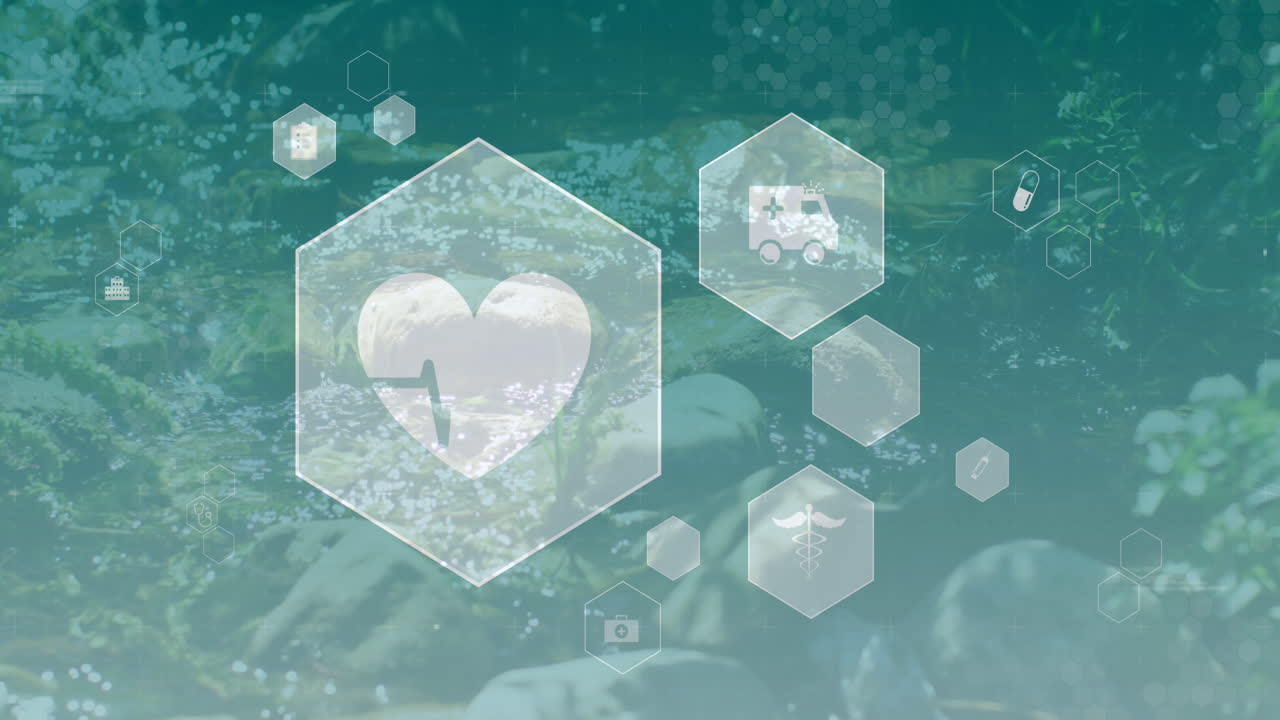 강 위 에 있는 육각형 에 있는 심장 모니터 와 구급차 의 애니메이션