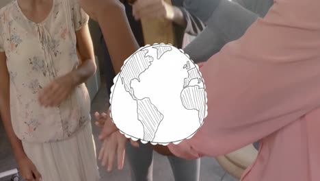 Animation-of-globe-over-mid-section-of-diverse-colleagues-stacking-their-hands-together-at-office