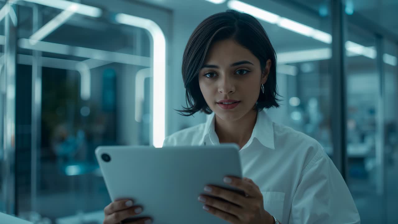Donna che solleva un grande tablet, legge e modifica l'impugnatura, inclinando la testa in un ufficio con vetrate, indossando una camicia bianca