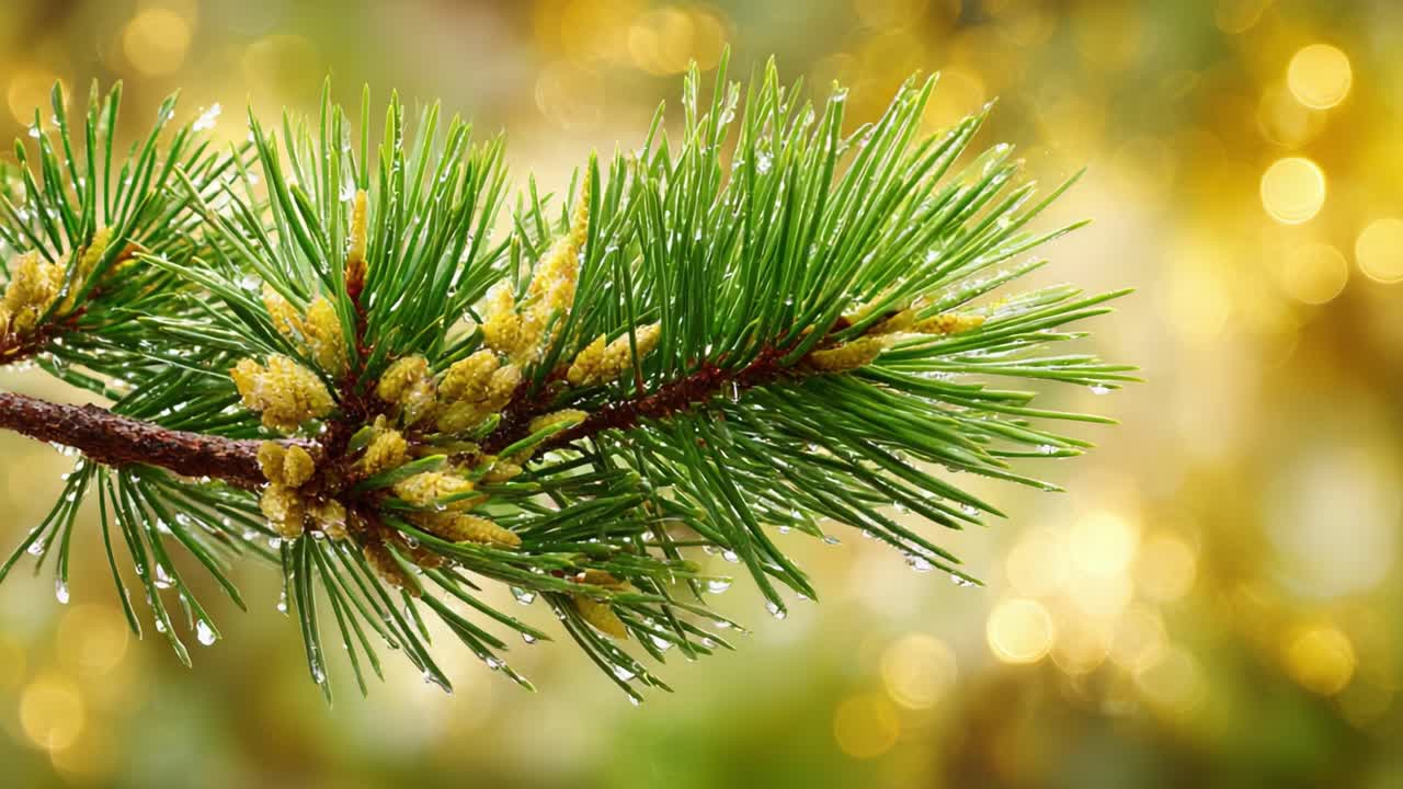 A Close-Up View of a Pine Branch with Water Droplets Sparkling Against a Beautiful Golden Bokeh Background, Highlighting Nature's Splendor and Freshness