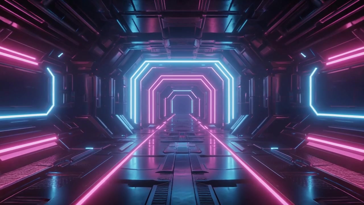 Corridoio fantascientifico futuristico con luci al neon incandescenti.
