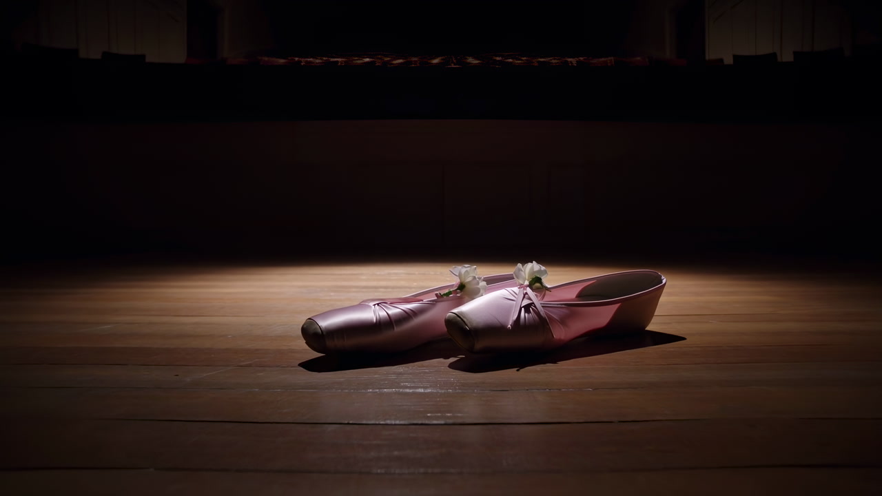 Pink Pointe Shoes On Dim Stage, Spotlight Casting Soft Glow Across Wooden Floor, Empty Wings In Shadow,