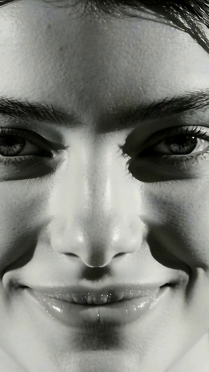 Vídeo vertical: Câmera recuando, com modelo abrindo os olhos, sorrindo e posando no estúdio com gloss labial.