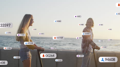 múltiples iconos digitales con números crecientes sobre una pareja caucásica montando scooters eléctricos