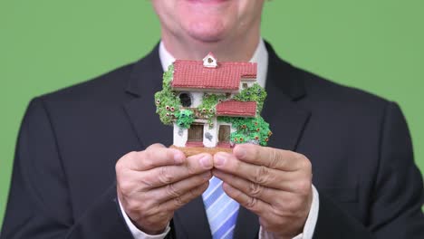 senior handsome businessman as engineer holding house figurine
