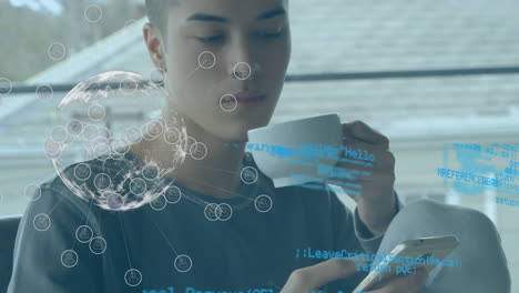 animation of globe of connections and data processing over man using smartphone