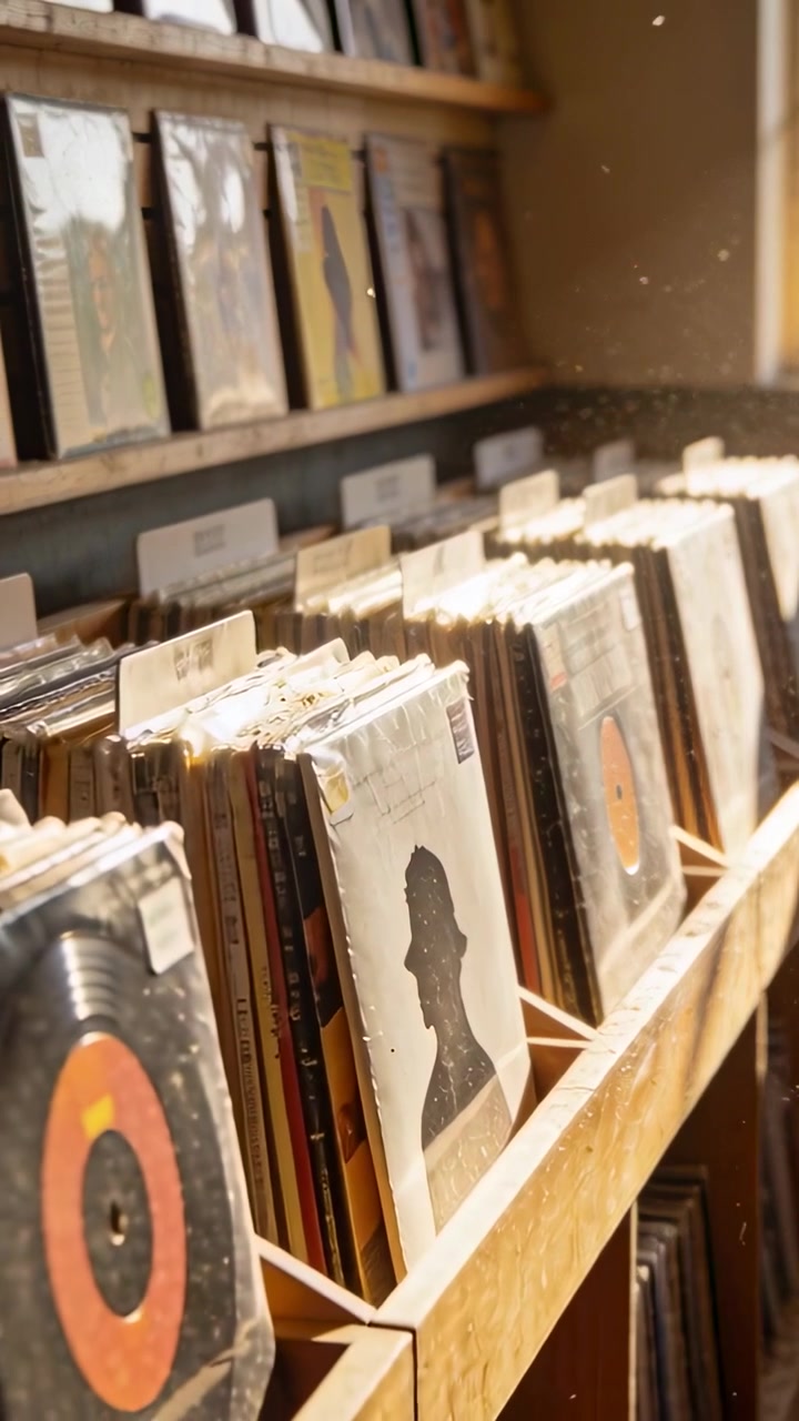 Vertical video: Panning camera showing vinyl sleeves in wood rack by window, capturing sunlit dust