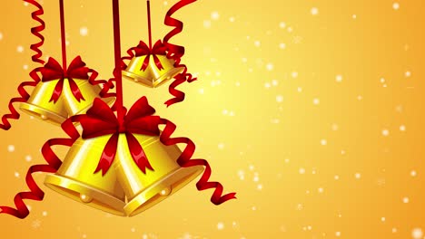 golden bells with red ribbons on yellow background