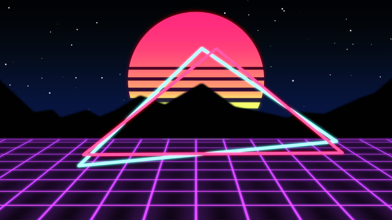 cuadrícula púrpura retro en movimiento y gran sol con triángulos y montañas