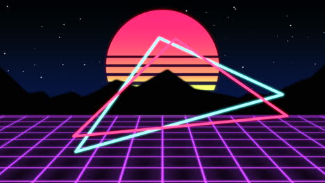 cuadrícula púrpura retro en movimiento y gran sol con triángulos y montañas