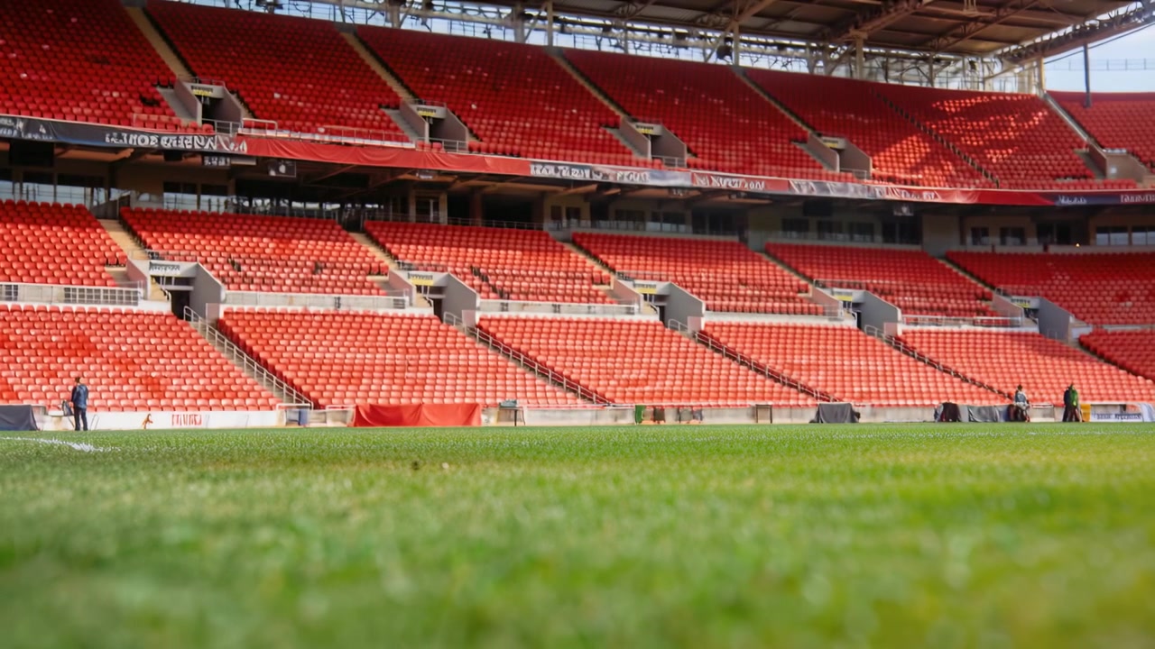 Kamera trækker tilbage og afslører velplejet græstæppe på stadion for at vise røde sæder, personale i jakker