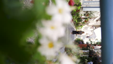 VERTICAL-of-mixed-race-young-woman-with-fancy-clothes-walking-in-summer-boulevard-with-fresh-bloom-flower-in-foreground