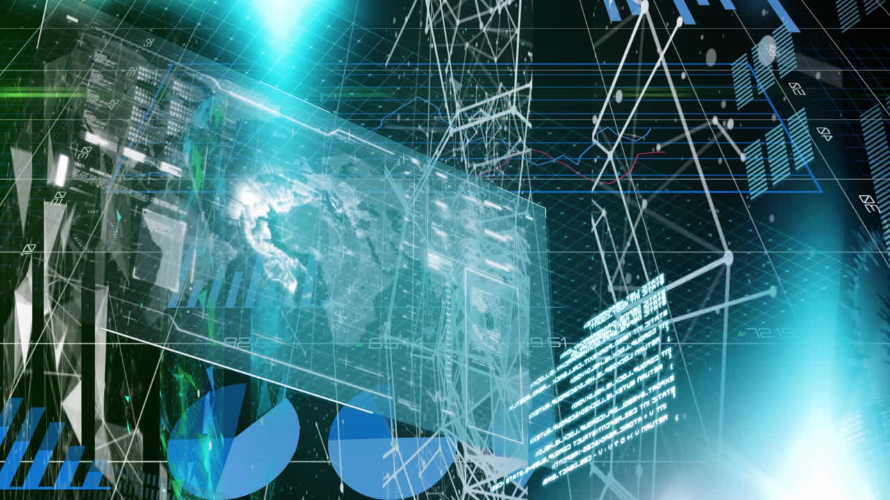 그리드 패턴에 대한 hud 스크린, 글로브, 그래프, 데이터베이스 및 연결된 점의 애니메이션