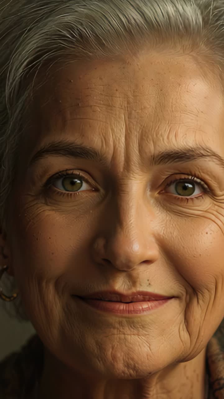 Vertical video: Blinking senior woman at camera start in studio wearing gold hoop earrings