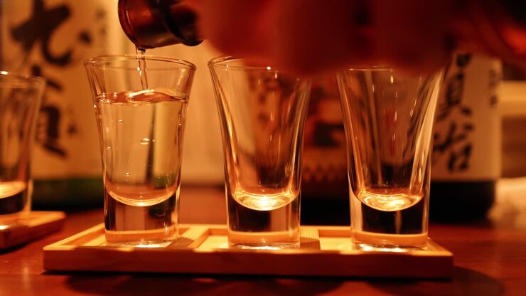 Versamento sequenziale di sake in tre bicchieri