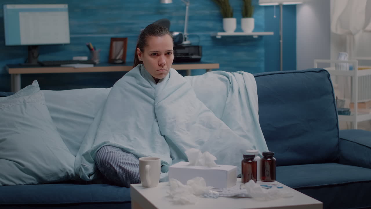 Sick woman with cold and flu sitting wrapped in blanket