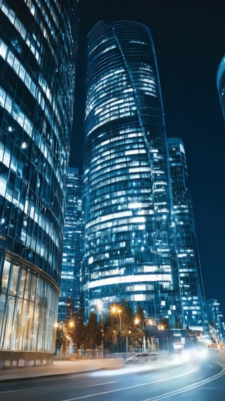 Uma Vista Noturna Cativante de Arranha-Céus Modernos Iluminados por Luzes da Cidade, Exibindo Arquitetura Contemporânea Contra o Cenário de um Céu Estrelado