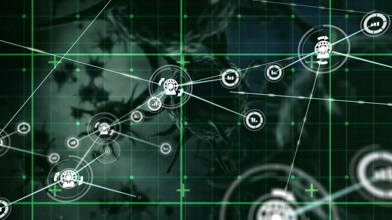 Network of digital icons over grid network against multiple covid-19 cells on black background