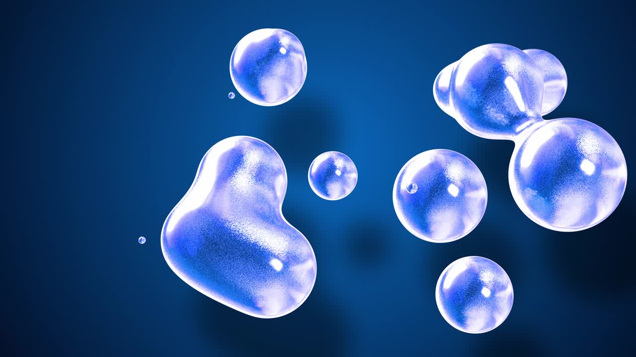 마치 유리 방울이나 파란 빛으로 가득 찬 구가 융합되고 어지는 것처럼 메타볼의 추상적인 배경은 4k에서 순환적으로 움직입니다.