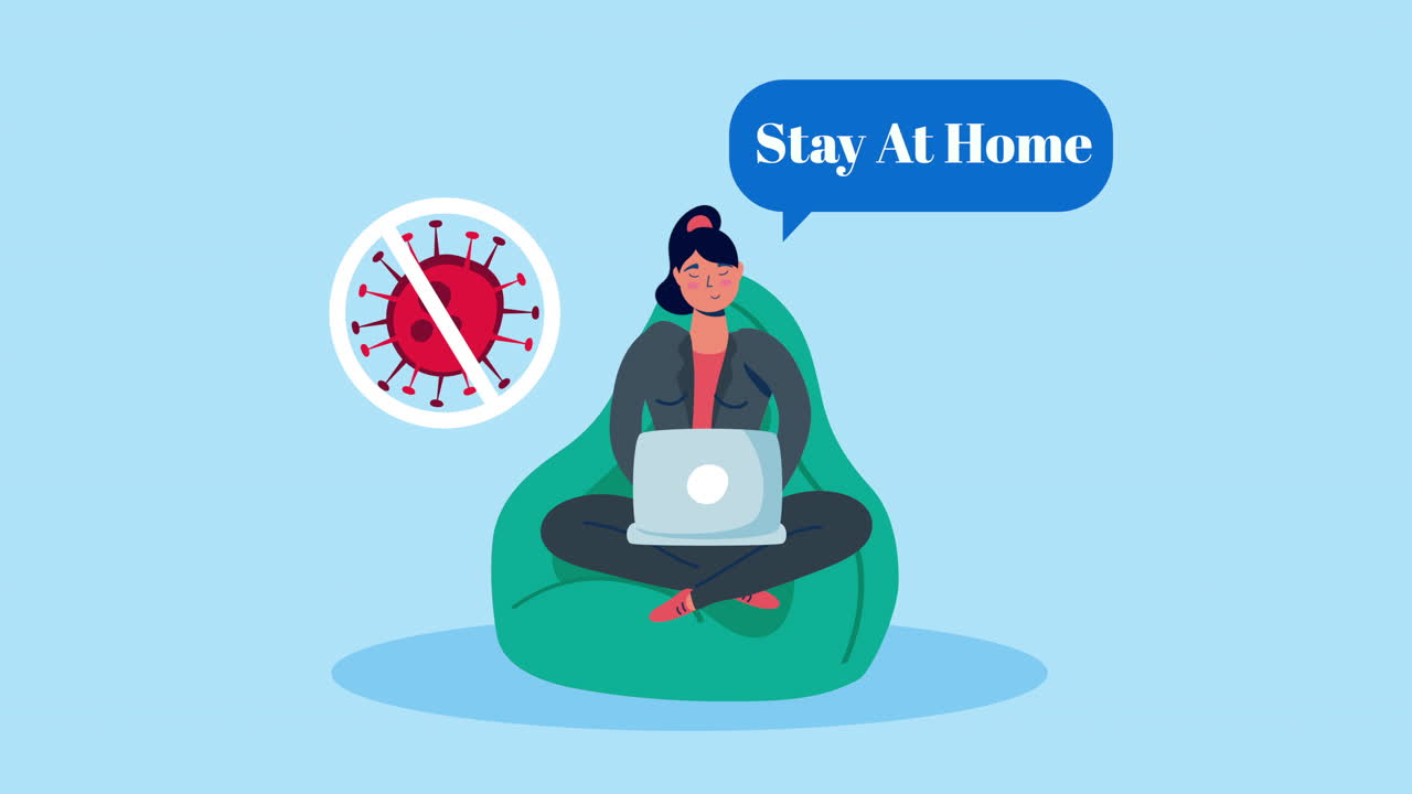 코로나19 신호를 멈추는 소파에서 노트북을 사용하는 여성