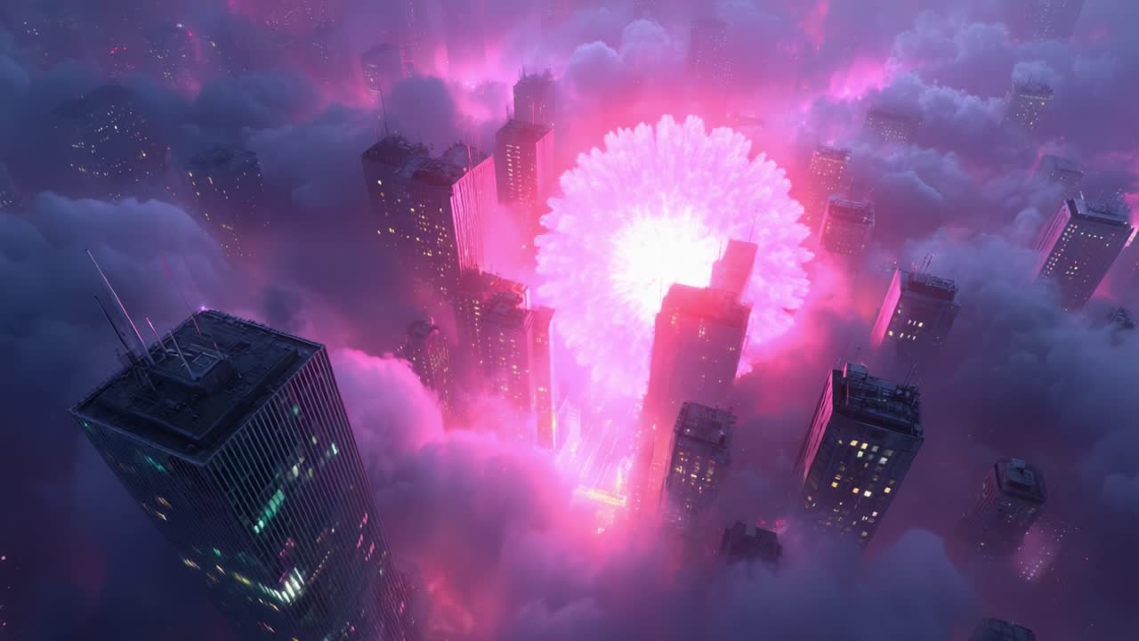 A mesmerizing urban skyline illuminated by vibrant pink and purple hues, showcasing a dramatic contrast between towering skyscrapers and swirling clouds in a captivating scene