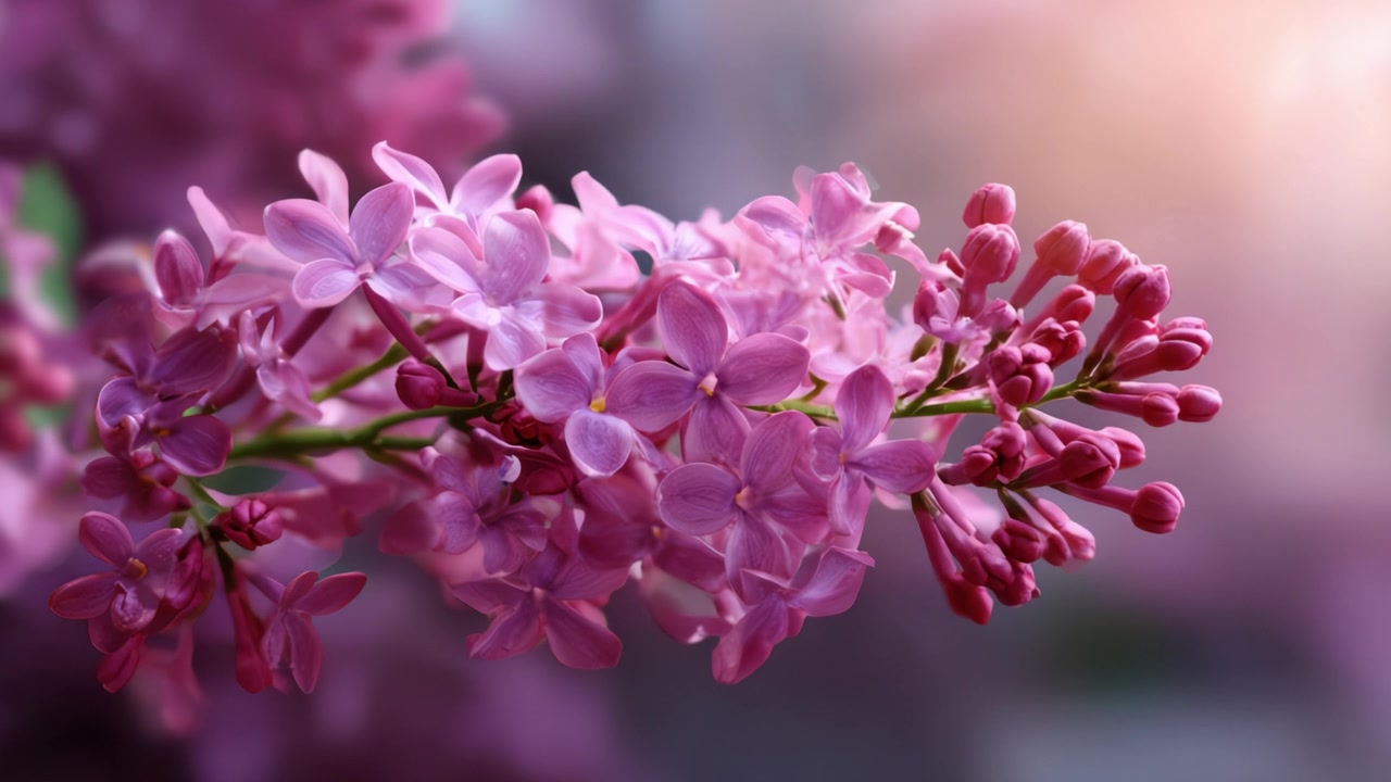 Een delicate tak seringenbloesem in zachtroze tinten, die de essentie van de lente vastlegt met prachtige bloemdetails en een dromerige, etherische achtergrond
