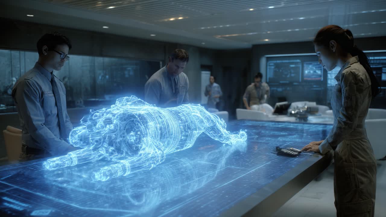Advanced Technology Demonstration: Scientists Examine a Holographic Projection of a Cybernetic Creature in a State-of-the-Art Laboratory