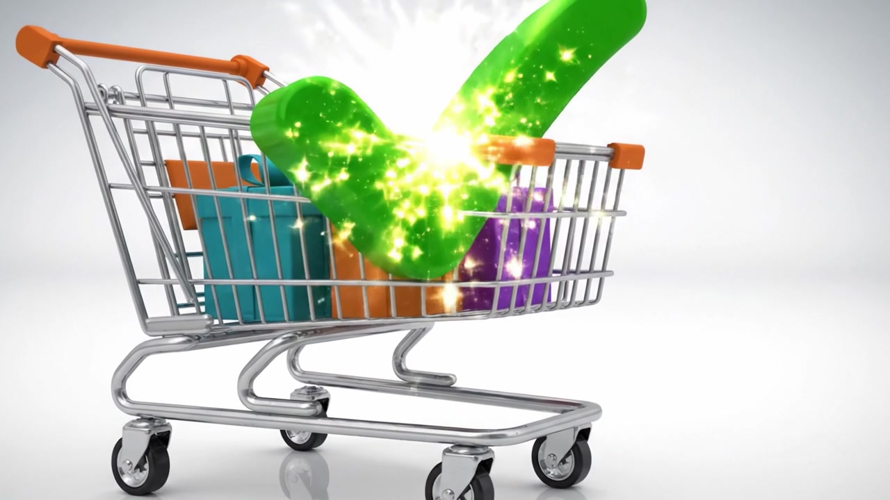 A Colorful Shopping Cart Filled with Vibrant Items Symbolizing a Modern Retail Experience and the Joy of Shopping in a Minimalist Environment.